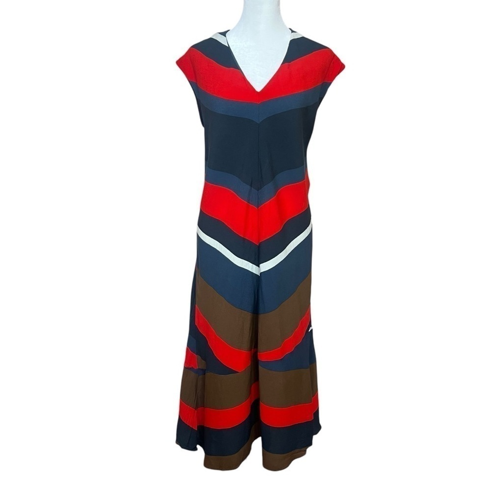 Zara Basic Mod Striped Midi Dress V-Neck Red Navy Fit Flare Long Size Medium